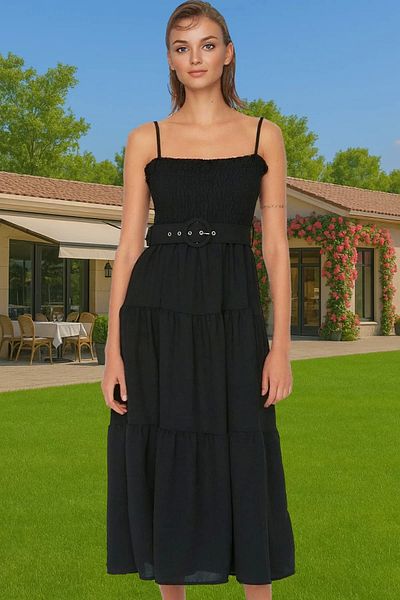 PayBuy Women's Midi Length Strap Pleated Waist Belt Polyester Casual Dress Professional Look Carefully Selected
