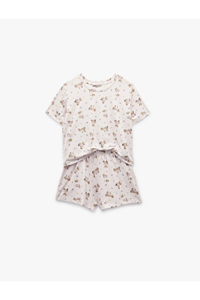 Koton Pyjama-Set mit Teddybär-Muster, kurzen Ärmeln und Shorts mit Rundhalsausschnitt