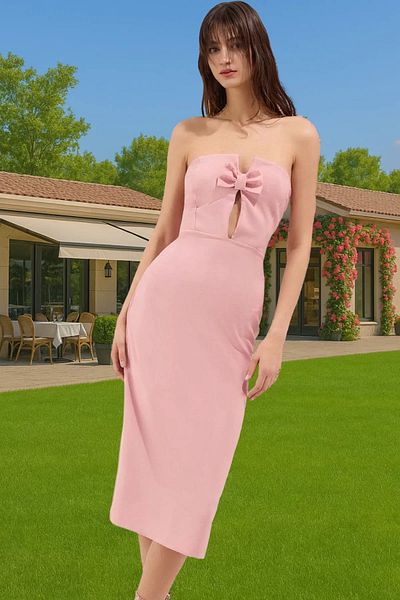 PayBuy Stylish Midi Length Strapless Bow Evening Dress Special Design for Daily Use with Woven Fabric
