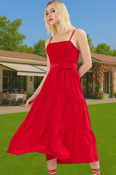 PayBuy Women's Midi Length Strap Pleated Waist Belt Polyester Casual Dress Professional Look Carefully Selected