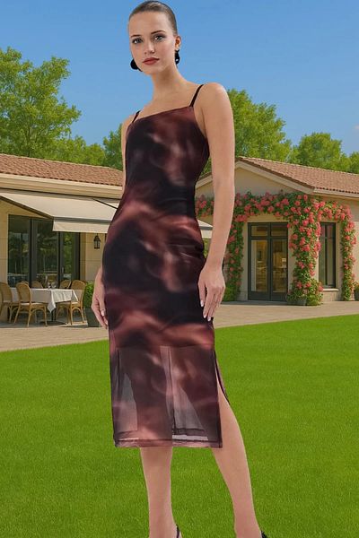 PayBuy Midi Length Printed Knitted Tulle Dress Stretchy Fit Square Collar High Quality Quality Craftsmanship