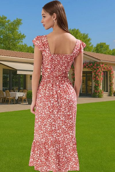 PayBuy Floral Pattern A-Line Midi Viscose Dress Shirring Sleeveless Summer Durable Material Professional Look