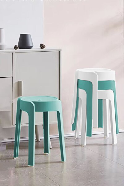 İronika Kaymaz Ayaklı Dekoratif Iç Içe Geçebilen Plastik Tabure Mutfak Bahçe Taburesi 4 Adet Yeşil Beyaz