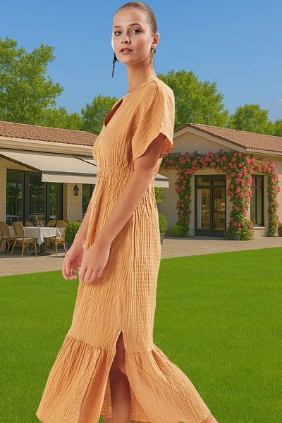 PayBuy Maxi Woven Drawstring Detailed Muslin Beach Dress Summer Comfortable Premium Quality Long-Lasting Stylish Look
