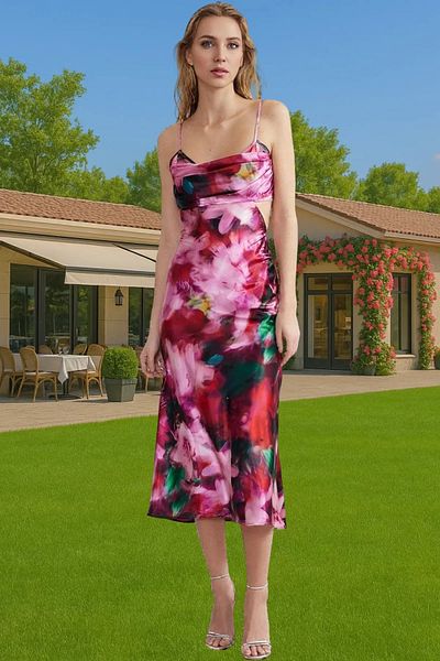 PayBuy Chic Floral Pattern Satin Midi Evening Dress Summer Graduation Dress Casual Use Distinguished Material