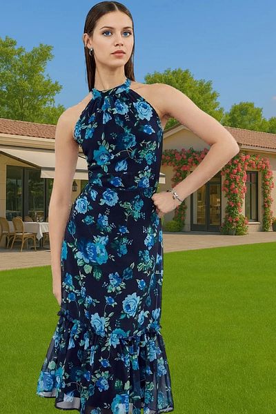 PayBuy A-Line Floral Print Chiffon Midi Dress Halter Neckline Lined Summer Long Lasting for Daily Wear