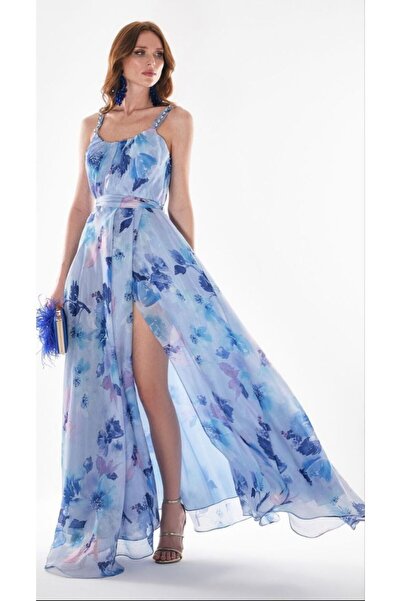 MODA DESENLİ ORGANZE ASKISI TAŞ İŞLEMELİ ABİYE ELBİSE