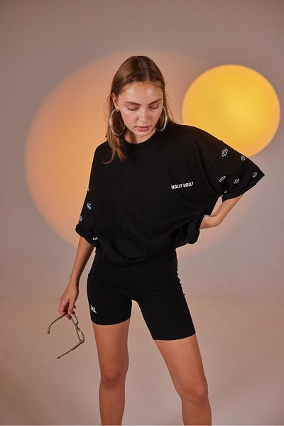 HOLLY LOLLY Eye Patterned Oversize T-Shirt and Bike Tights - Black Set