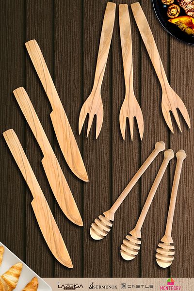 MONTESEV Olive Wood Wooden Board Honey Jam Spoon Breakfast Fork Breakfast Knife Set (OLIVE TREE)