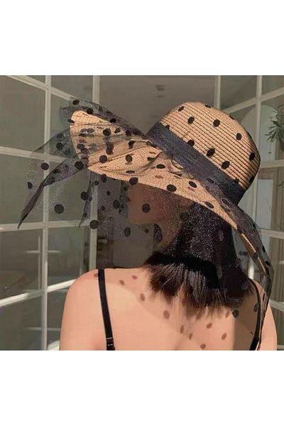 Axesoire 14542 Tulle Polka Dot Camel Wide Straw Hat