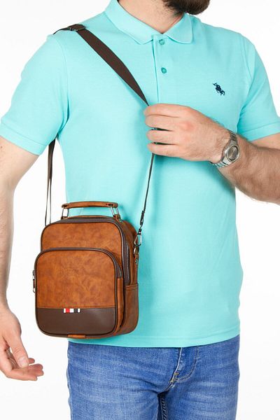 Newish Men's Tan Vegan Leather Cross Shoulder and Hand Bag with Phone Compartment