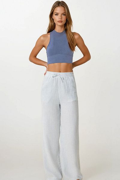 VAGGON Pantaloni palazzo de muselină cu dungi albastre pentru femei Vs00197