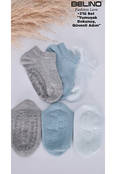 BELİNOPLUS Erkek Bebek Pamuklu kaydırmaz Tabanlı Patik Çorap 3 Lü paket