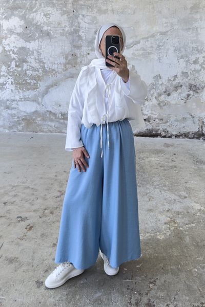 Hatun Atila Melange Linen Skirted Trousers 8826 Ice Blue