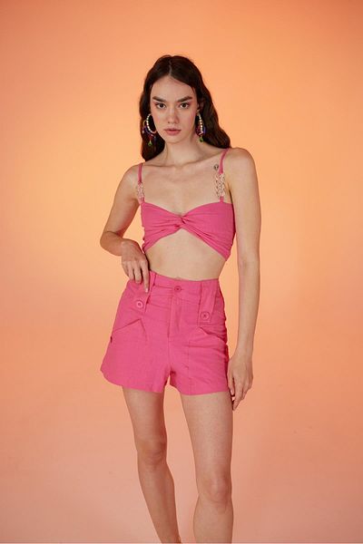 HOLLY LOLLY Koton Fabric Transparent Rise Chain Detailed Blouse Pink