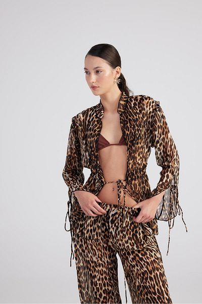 HOLLY LOLLY Leopard Patterned Chiffon Savage Shirt - Brown with Tie Detail