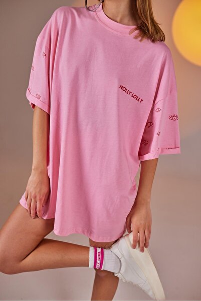 HOLLY LOLLY Göz Baskılı Oversize Eye Tshirt Bike Tayt Takım Pembe