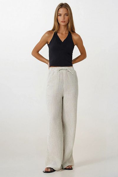 VAGGON Women's Anthracite Double Pocket Striped Muslin Palazzo Trousers Vs00197