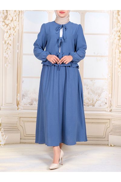 Modamorfo Lace-Up Front Sleeve Elastic Skirt Suit -Indigo