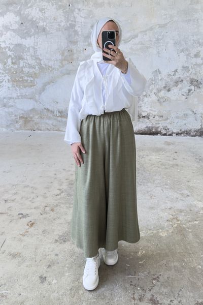 Hatun Atila Filament Linen Skirted Trousers 8826 Khaki