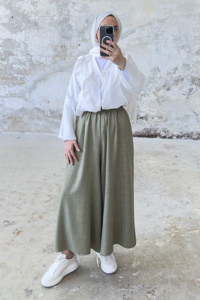 Hatun Atila Filament Linen Skirted Trousers 8826 Khaki