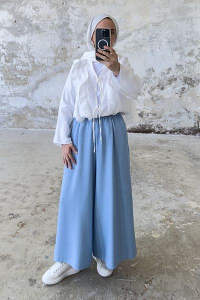 Hatun Atila Melange Linen Skirted Trousers 8826 Ice Blue