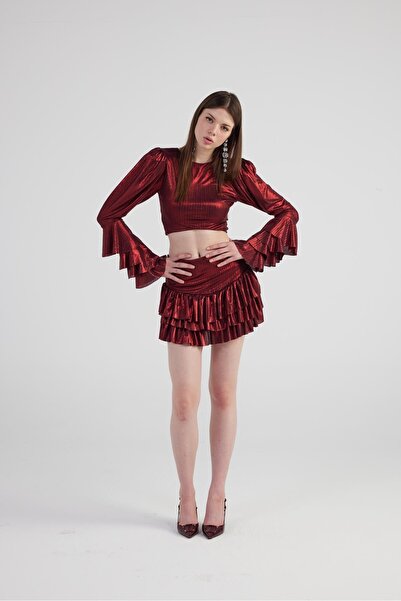 HOLLY LOLLY Burgundy Ruffle Shiny Fabric Skirt and Blouse Set