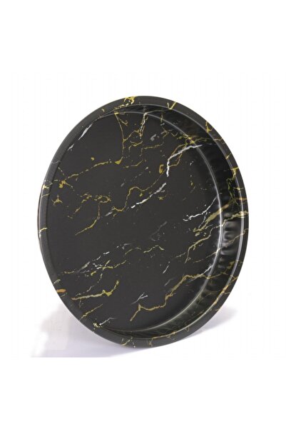 EVLE Ef163-50 Marble Black Desenli Yuvarlak Tepsi 36 Cm