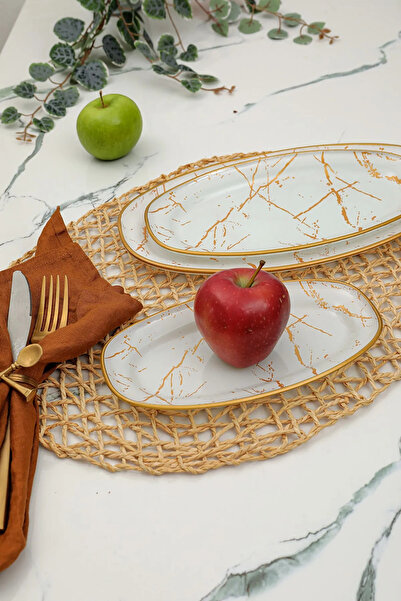 B&M 3-Piece White Marble Patterned Boat Plate Set