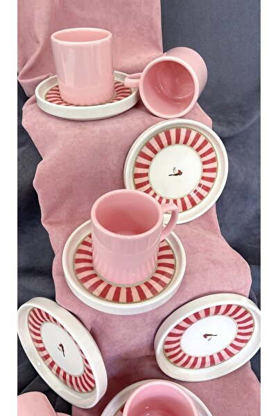 Erbaşlar Love Bırd Kırmızı Seri 12 Parça Lüx Seramik Kahve Fincan Takımı Türk Kahvesi Fincanı