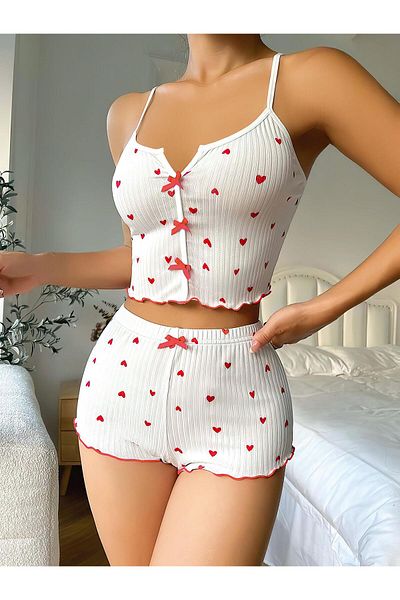 Aria's Closet White Bow Patterned Heart Strap Shorts Pajama Set