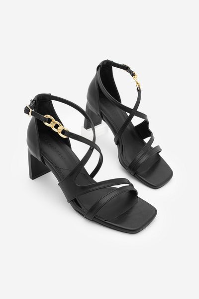 Marjin Women's Gold Chain Blunt Toe Strap Heeled Sandals Nekva Black