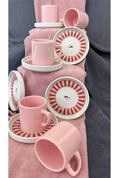 Erbaşlar Love Bırd Kırmızı Seri 12 Parça Lüx Seramik Kahve Fincan Takımı Türk Kahvesi Fincanı