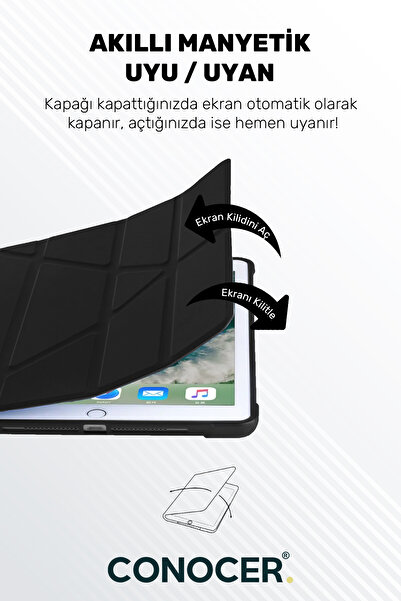 CONOCER iPad 7. 8. 9. Nesil 10.2" inç Tablet Kılıfı Kalem Bölmeli, Uyku Modlu, Katlanır, Tri Folding Stand