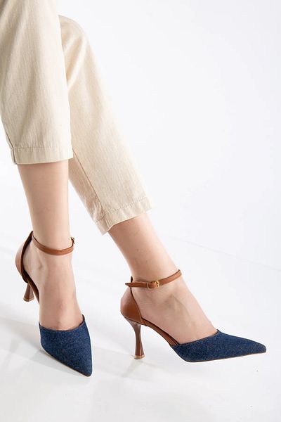 DİGGO Navy Blue Denim Denim Ankle Strap Pointed Toe Thin Heeled Shoes