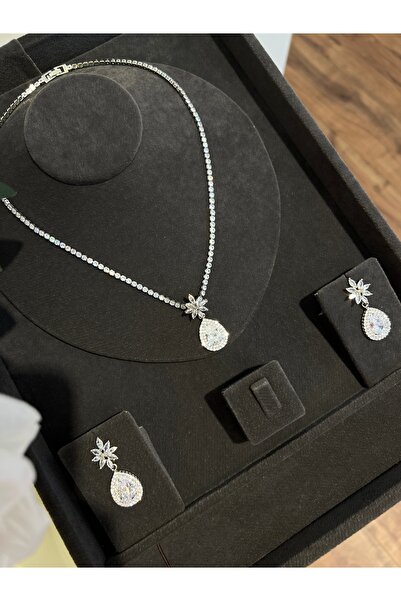 VİYA Carnation Zirkon Taşlı Kolye Küpe Set Düğün Nişan Seti