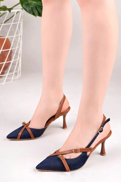 DİGGO Navy Blue Denim Denim Pointed Toe Closed Buckle Open Back Stiletto