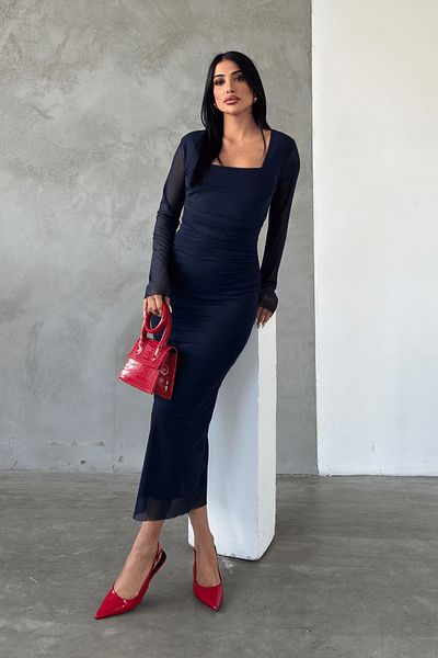 giyimmasalı Tulle Fabric Gather Detailed Pencil Dress - Navy Blue New