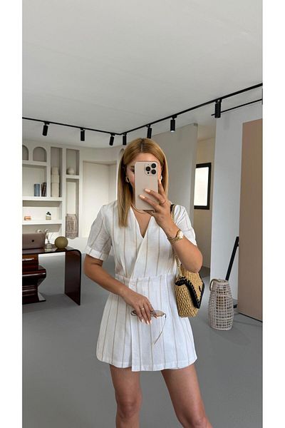 Sezgi Tekin Premium Series Double Breasted Collar Natural Striped Ecru Linen Shorts Jumpsuit