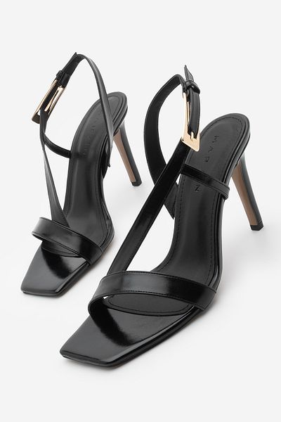 Marjin Women's Heeled Sandals Vetün Black Blunt Toe Buckle Strap