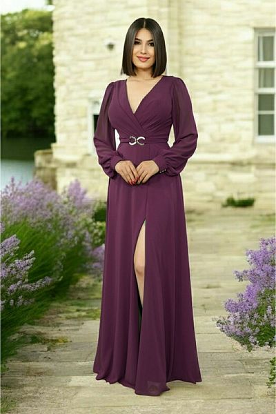 FaBe Fashion Croissant Collar Long Sleeve Waist Buckle Slit Chiffon NIKAH AND OUTShoot Evening Dress