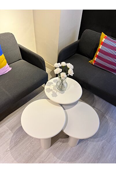 kuppdesign Linen Mantar Yan Sehpa 3'lü Set Krem