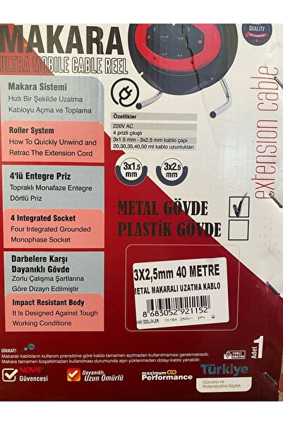 Toptancı Amca Metal Makaralı Seyyar 4 Prizli Uzatma Kablosu 3x2.5 mm TTR Kablo 20 Metre Termal Sigorta