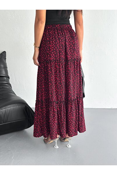 misslike fashion Kadın Kırmızı Renk Beli Lastikli Fırfırlı Dokuma Kumaş Uzun Etek Boy 100 Cm