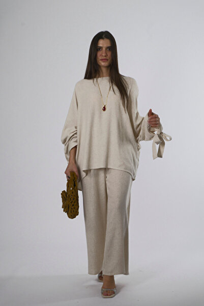 ABBRA Women's Cotton Crew Neck Sleeve Tie up Loose Blouse Suit