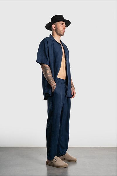 Twobucks Navy Blue Bamboo Linen Men's Shirt and Pants Suit