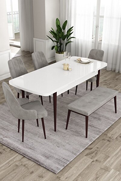 Canisa Eta Serisi, Beyaz Masa Kahve Ayak 80x132 Mdf Mutfak Masa Takımı, 4 Krem Sandalye Ve 1 Bench