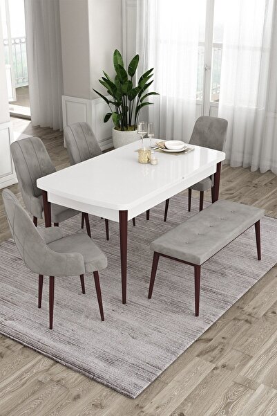 Canisa Eta Serisi, Beyaz Masa Kahve Ayak 80x132 Mdf Mutfak Masa Takımı, 4 Krem Sandalye Ve 1 Bench