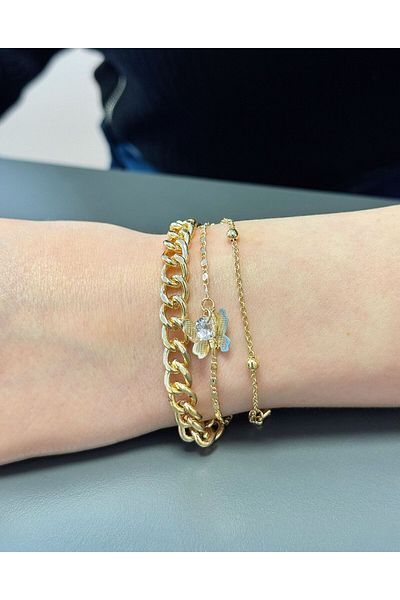 MR Three Row Chain Butterfly and Stone Figure Gold Bracelet