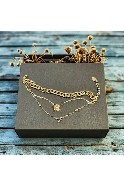 MR Three Row Chain Butterfly and Stone Figure Gold Bracelet